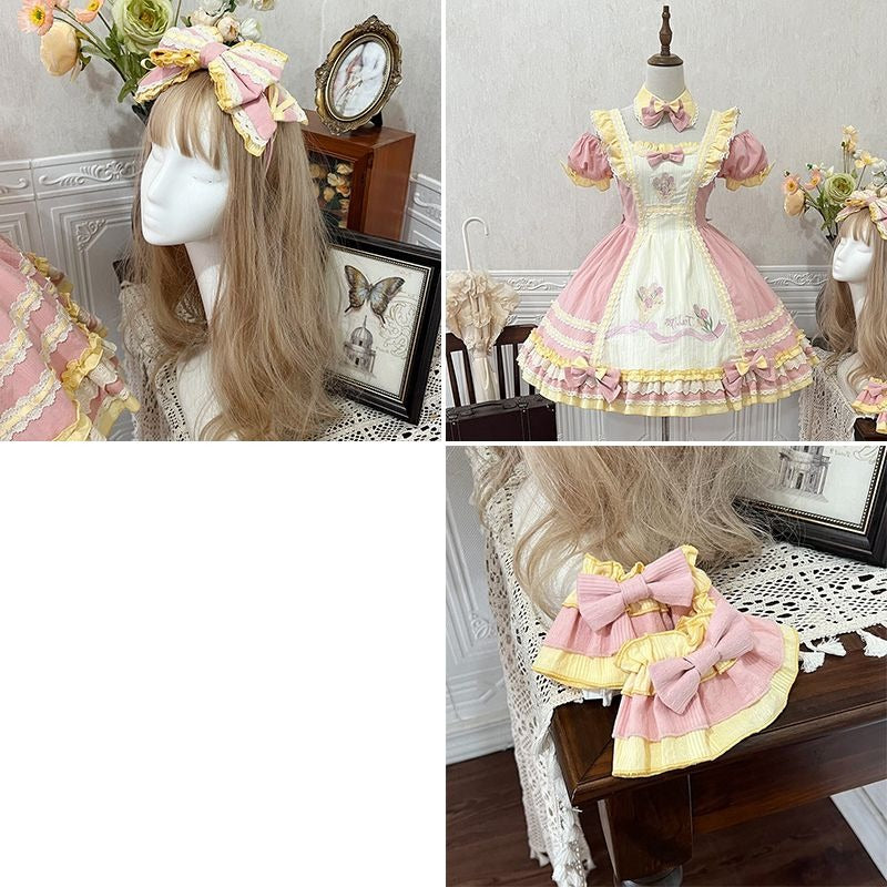 Tulip Fields and Windmills Cottagecore Princesscore Fairycore Coquette Kawaii Dress with Optional Gloves and Hair Accessories Set