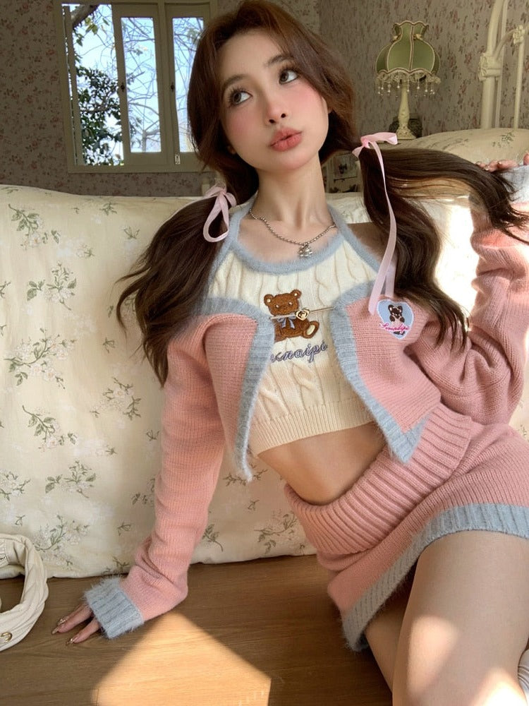 Sweet Teddy Memories Cottagecore Fairycore Princesscore Coquette Kawaii Top  with Optional Cardigan and Skirt Bottoms Set