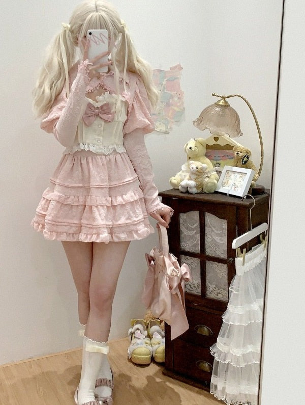 Kaede's Tea Room Cottagecore Fairycore Princesscore Coquette Kawaii Corset Top with Optional Cardigan and Skirt Bottoms Set