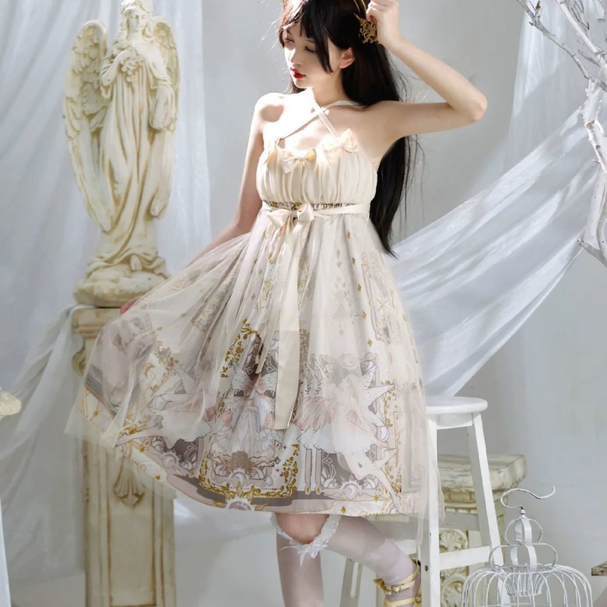 Gilded Angels Cottagecore Fairycore Princesscore Coquette Angelcore Kawaii Dress with Optional Overskirt Set