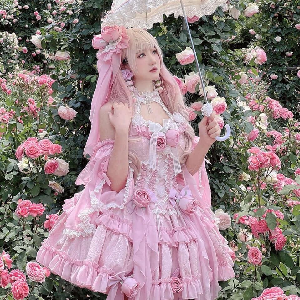 Starlight Fair A Brand New Sweet Rosy Dream Dark Fairycore Cottagecore Princesscore Dress Headdress 3 / L