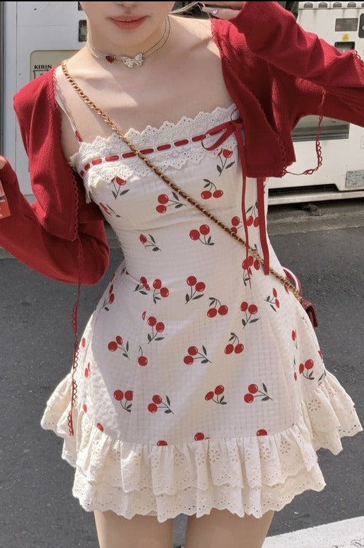 Sweet Cherry Basket Cottagecore Princesscore Fairycore Coquette Kawaii Dress with Optional Cardigan Set