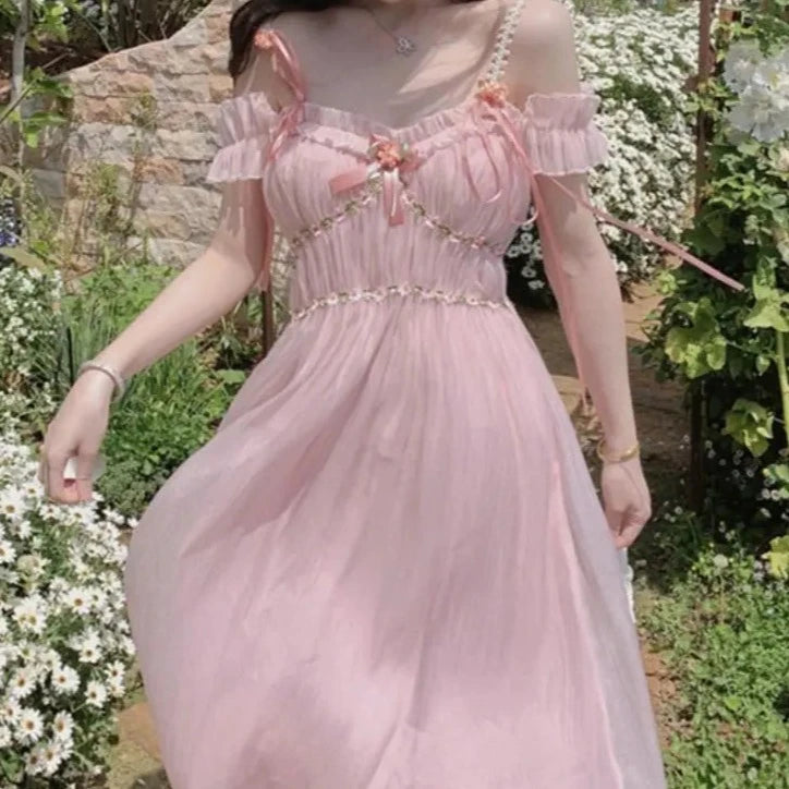 Fair Spring-Kissed Maiden in the Royal Rose Gardens Pink               Dress Kawaii Academia Y2K Cottagecore Coquette Fairycore Dollette Princesscore