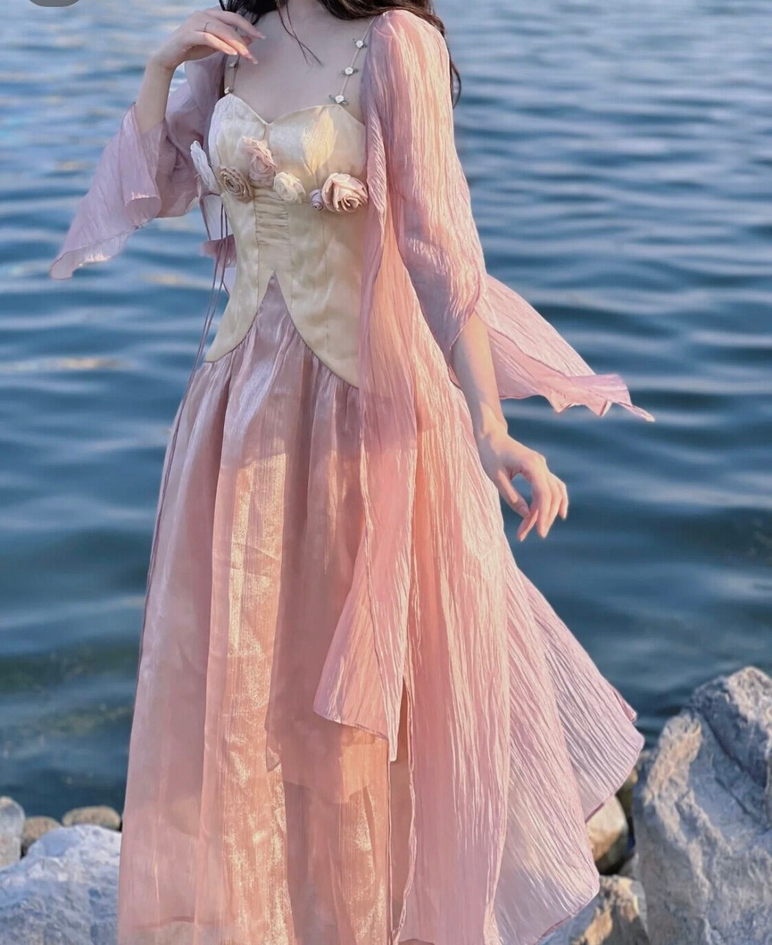 Gazing at the Sea Through Rose Petals Cottagecore Princesscore Fairycore Coquette Mermaidcore Angelcore Romantic Academia Kawaii Dress and Cardigan Set