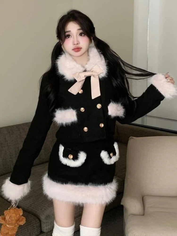 Black Kitten's Winter Stroll Cottagecore Princesscore Fairycore Coquette Soft Girl Gothic Kawaii Cardigan Top with Optional Skirt Dress Set