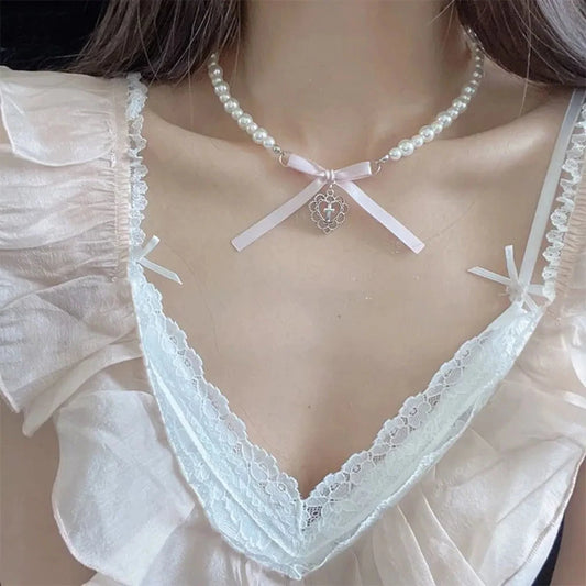 Emma's Pearlescent Pure Heart Pink Kawaii Academia Y2K Cottagecore Coquette Fairycore Dollette Princesscore Cross Necklace Choker