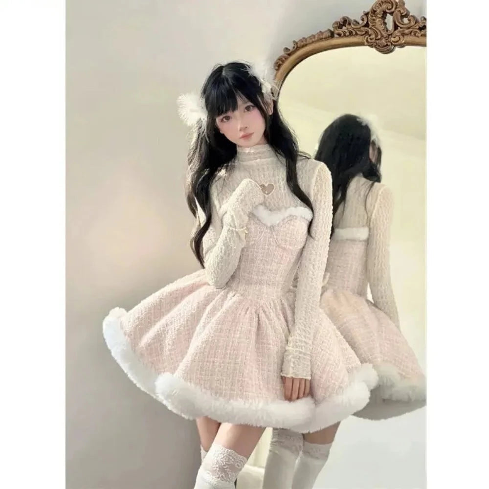 Sparkling Noel in the Icy Kingdom Cottagecore Princesscore Fairycore Coquette Soft Girl Angelcore Balletcore Kawaii Complete Warm Dress, Hooded Cardigan Sweater Shawl, and Top with Optional Petticoat Skirt Set