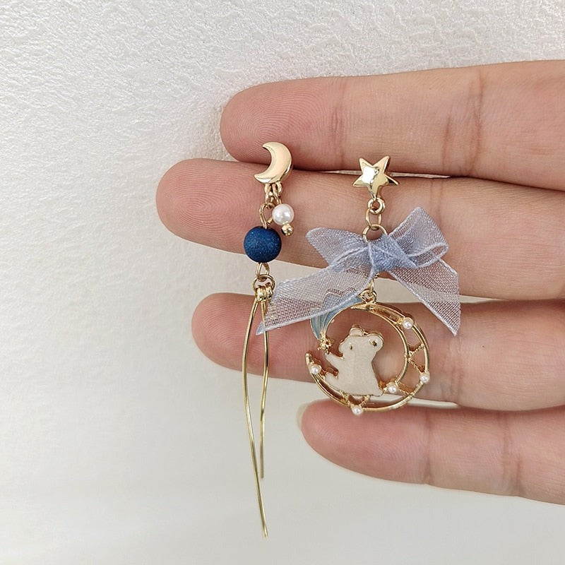 The Teddy in the Moon Cottagecore Princesscore Fairycore Coquette Kawaii Pierced or Clip On Earrings