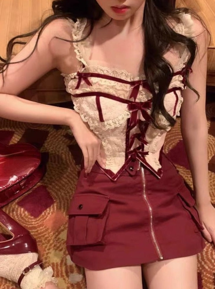 Red Velvet Cake Cottagecore Fairycore Princesscore Coquette Kawaii Top  with Optional Skirt Bottoms Set