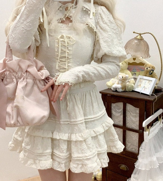 Kaede's Tea Room Cottagecore Fairycore Princesscore Coquette Kawaii Corset Top with Optional Cardigan and Skirt Bottoms Set