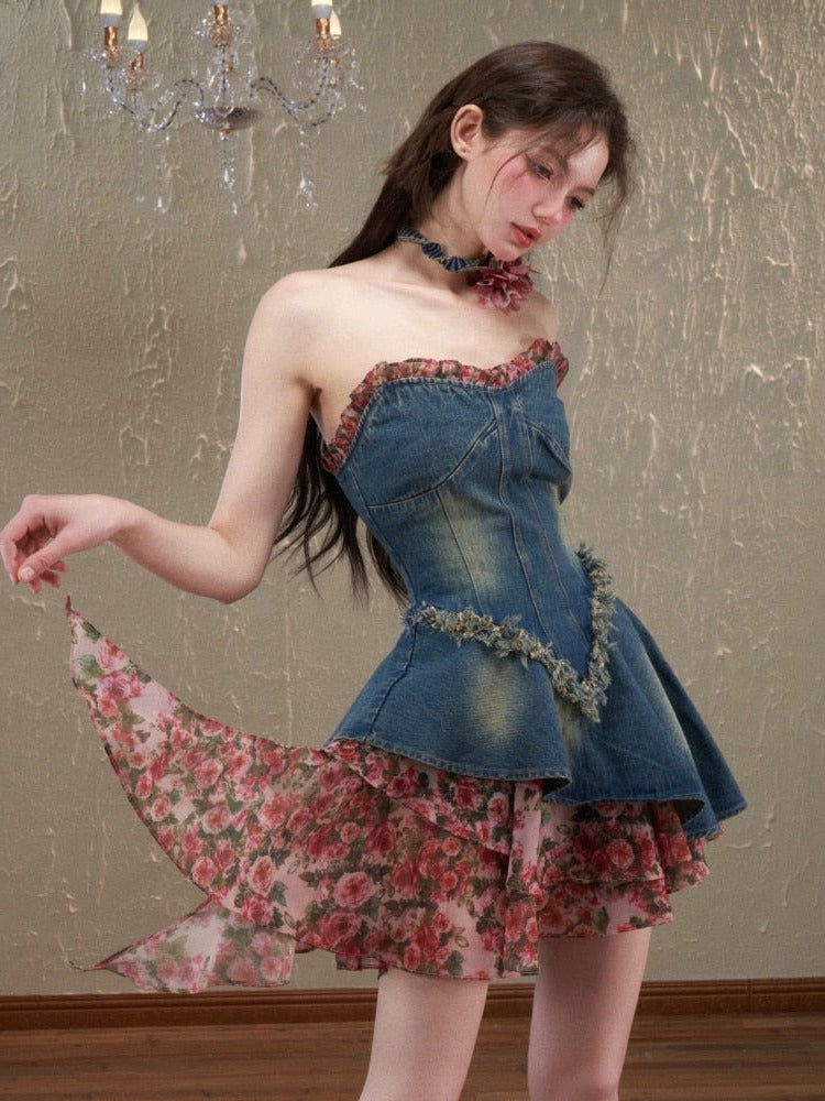 Cutting Rose Thorns Cottagecore Fairycore Princesscore Coquette Kawaii Dress and Choker Set