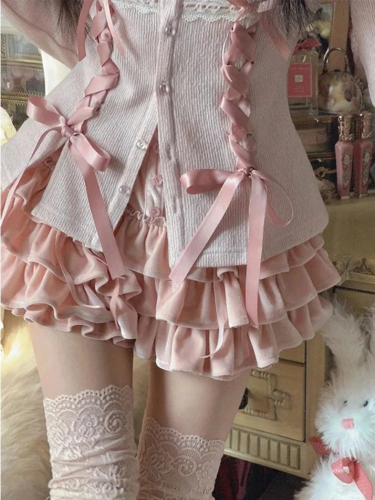 Iced Cherry Cappuccino Pink               Top with Optional Mini Skirt Set Kawaii Academia Y2K Cottagecore Coquette Fairycore Dollette Princesscore Bottoms