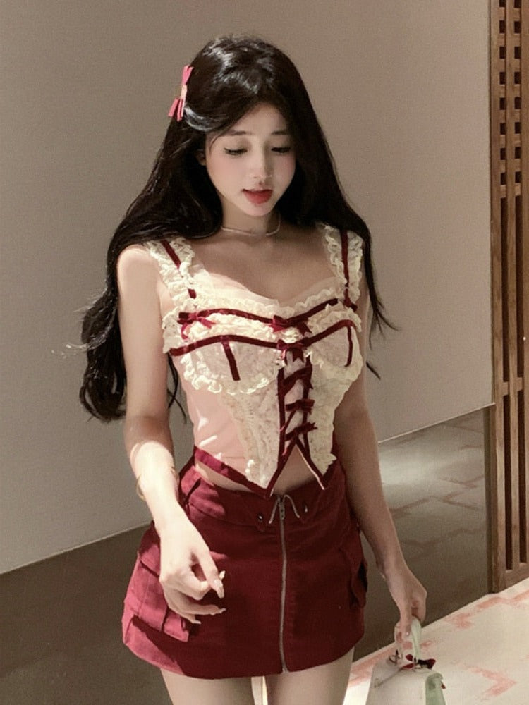 Red Velvet Cake Cottagecore Fairycore Princesscore Coquette Kawaii Top  with Optional Skirt Bottoms Set