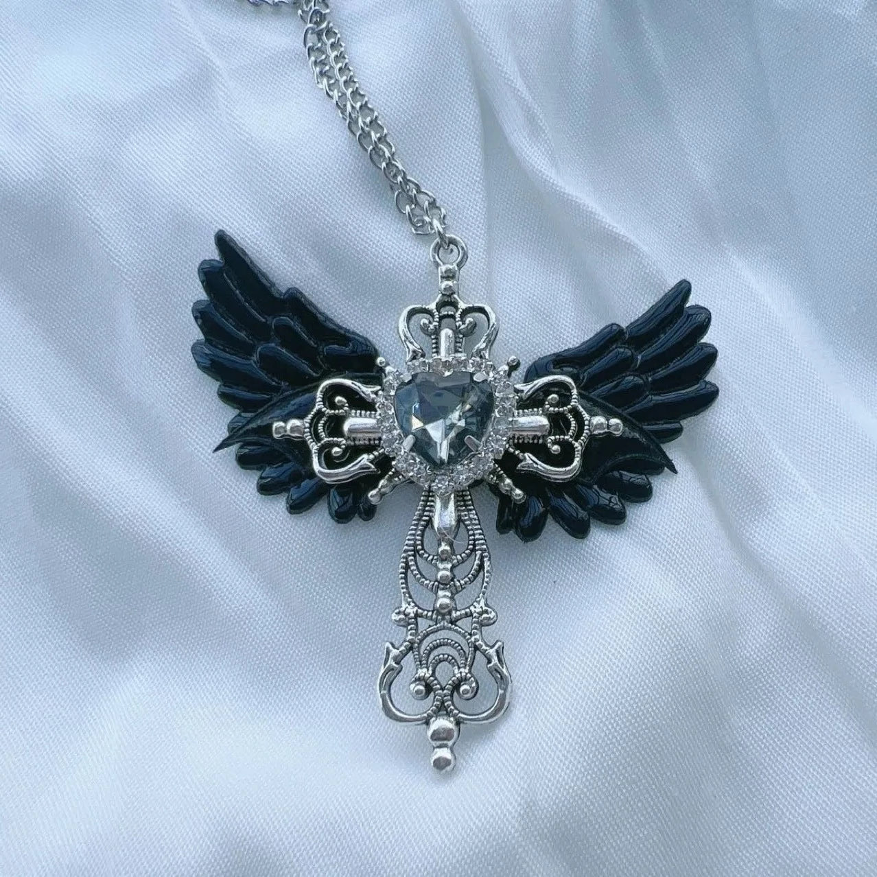 Alight on Angel Wings Cottagecore Princesscore Fairycore Coquette Angelcore Gothic Kawaii Cross Necklace Black