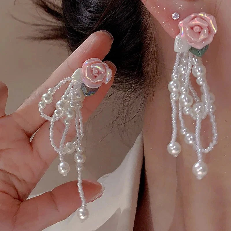 Mystic Rain on New Spring Rosebuds Pink              Earrings Kawaii Academia Y2K Cottagecore Coquette Fairycore Dollette Princesscore