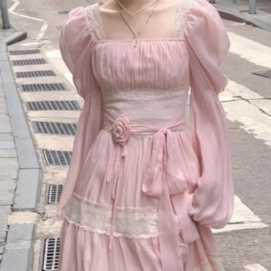 Regency Era Rose Millefuille Tartlette and Lace Pink Y2K Coquette Cottagecore Gyaru Kawaii Fairycore Soft Girl Angelcore Fairy Grunge Dollette Princesscore Dress