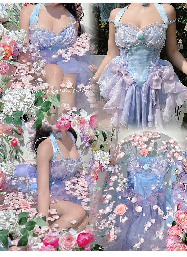 Moonberry Blooms Cottagecore Fairycore Angelcore Mermaidcore Coquette Kawaii Dress with Optional Choker Set