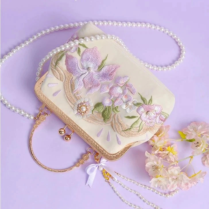 Violets in a Snowy White Satin Handkerchief Pink                  Bag Kawaii Academia Y2K Cottagecore Coquette Fairycore Dollette Princesscore