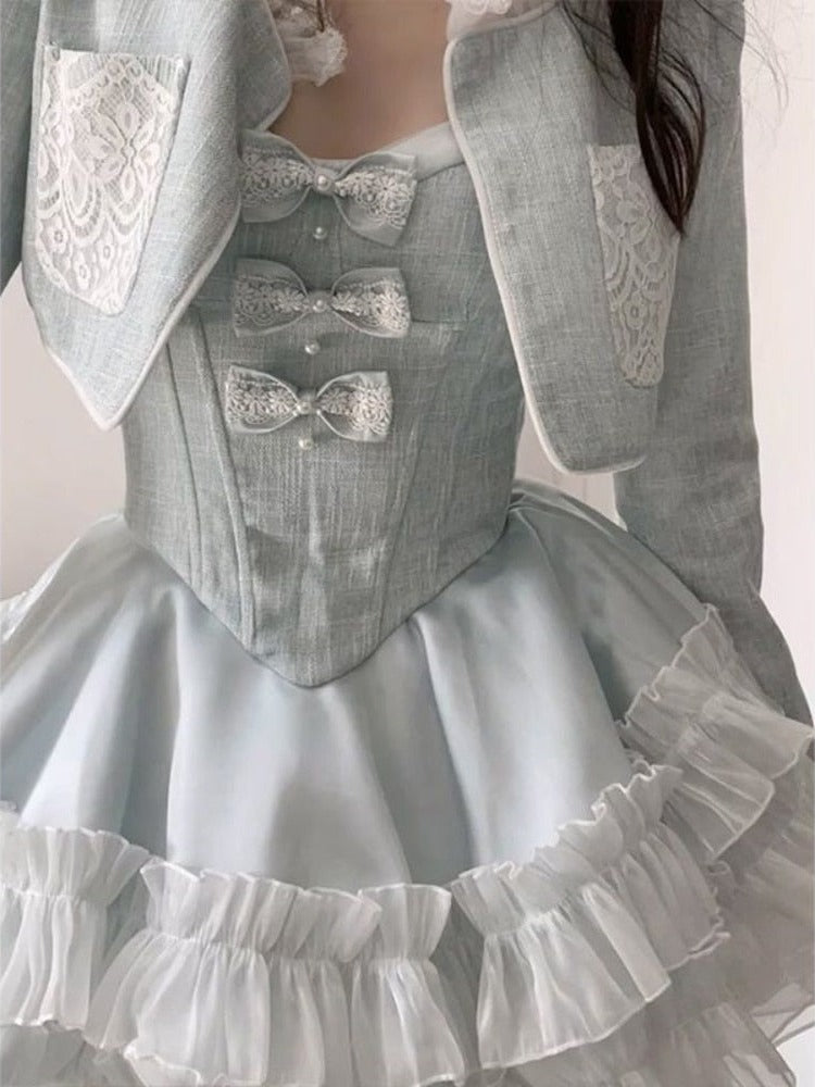 Bella Blueberry Cottagecore Princesscore Fairycore Coquette Kawaii Complete Cardigan Top and Dress Set