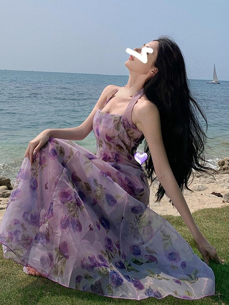 Harajuku Kawaii Fashion Fairycore Coquette Princess Aesthetic Purple Floral Dress M