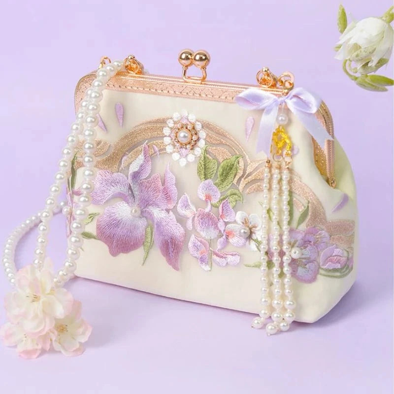 Violets in a Snowy White Satin Handkerchief Pink                  Bag Kawaii Academia Y2K Cottagecore Coquette Fairycore Dollette Princesscore