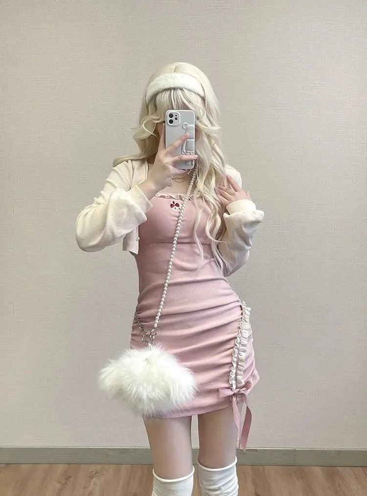 Bunny Bows Cottagecore Princesscore Fairycore Coquette Soft Girl Gothic Kawaii Dress with Optional Cardigan Set