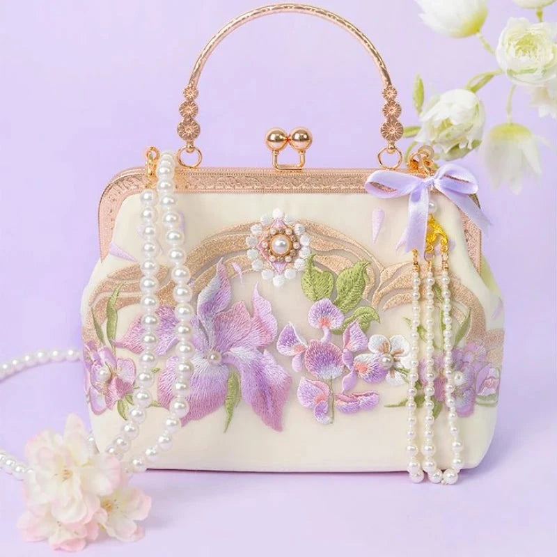 Violets in a Snowy White Satin Handkerchief Pink                  Bag Kawaii Academia Y2K Cottagecore Coquette Fairycore Dollette Princesscore