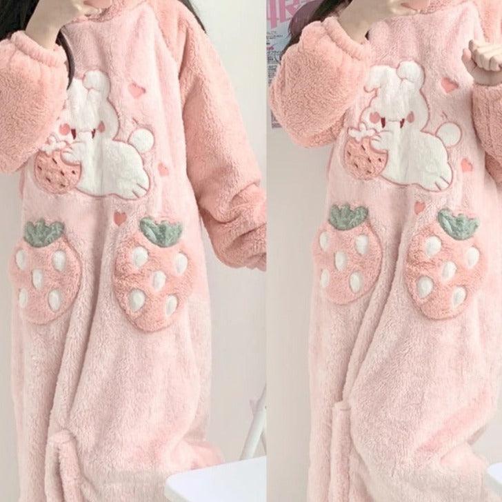 Snatched Strawberries Bunny Fairycore Cottagecore Princesscore Warm Sleepwear Robe - Starlight Fair