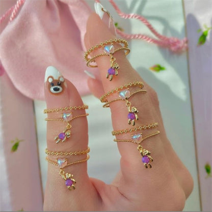 Genuine 18k Gold Plated Love, Flowers, and Teddy Bear Cuddles Cottagecore Fairycore Princesscore Coquette Kawaii Ring Jewelry