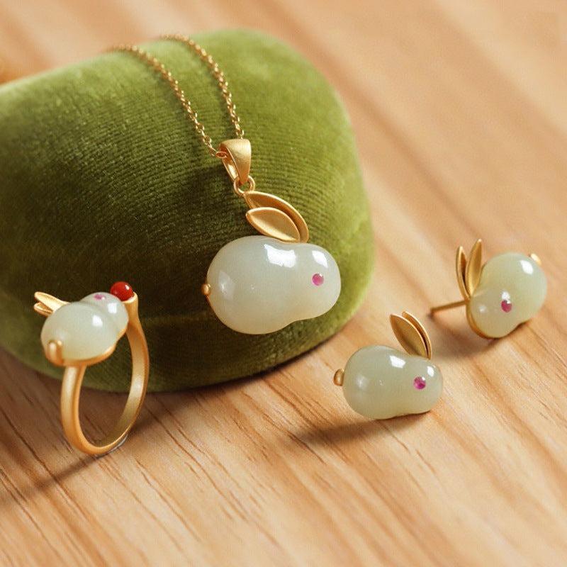 Bunny Bean Fairycore Cottagecore Earrings Adjustable Ring Jewelry and Necklace Set - Starlight Fair