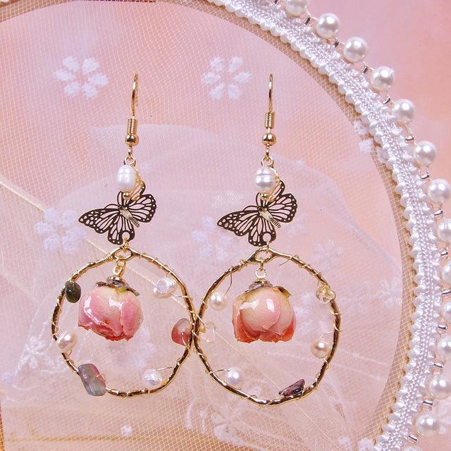 Soaring Bloom Rose Butterfly Fairycore Princesscore Cottagecore Earrings - Starlight Fair