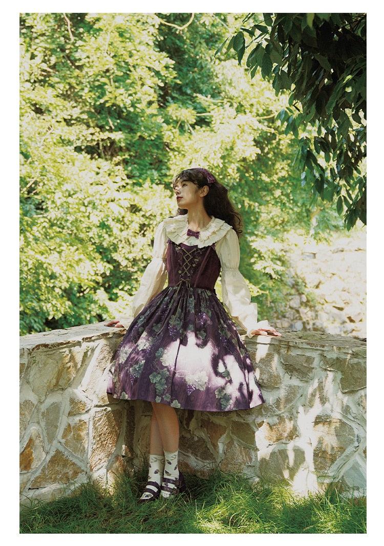 Pixie of the Royal Vineyard Dark Fairycore Cottagecore Princesscore Dress  with Optional Necklace and Petticoat Skirt Bottoms Set