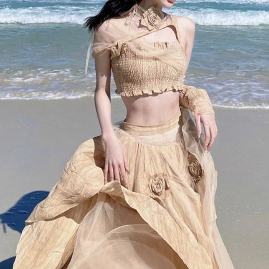 Sand Palaces and Roses Cottagecore Princesscore Fairycore Coquette Romantic Academia Angelcore Mermaidcore Kawaii Crop Top and Skirt Bottoms Dress Set