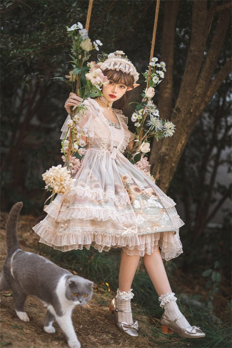 Bunnies Hopping Amidst Sunflower Petals Fairycore Cottagecore Princesscore Dress and Overlay Set - Starlight Fair