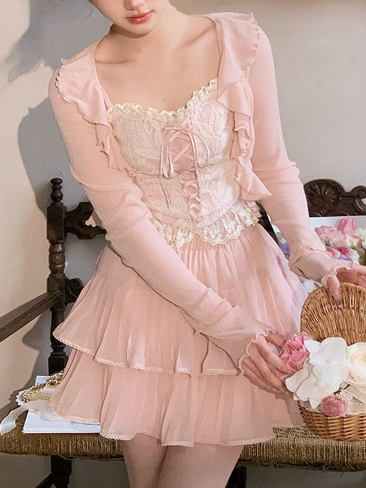 Coquette Aesthetic Fairy Core Pink Corset Mini Dress Set Soft Girl –  Aesthetics Boutique