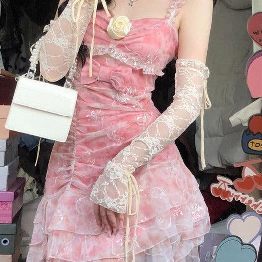 Shimmering Vanilla and Raspberry Rose Fairycore Cottagecore Princesscore Dress and Gloves Set - Starlight Fair