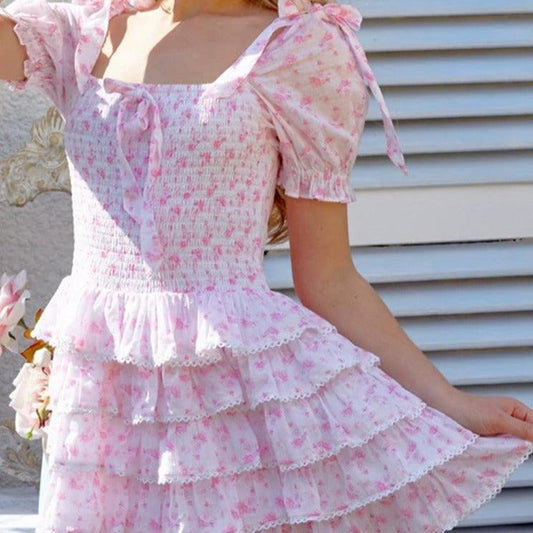 Pink Summer Snowflakes Fairycore Cottagecore Princesscore Dress - Starlight Fair