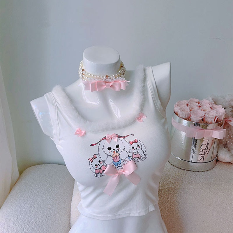 Bunny's Teacup of Strawberries and Cream Cottagecore Fairycore Princesscore Coquette Kawaii Top with Optional Choker Set