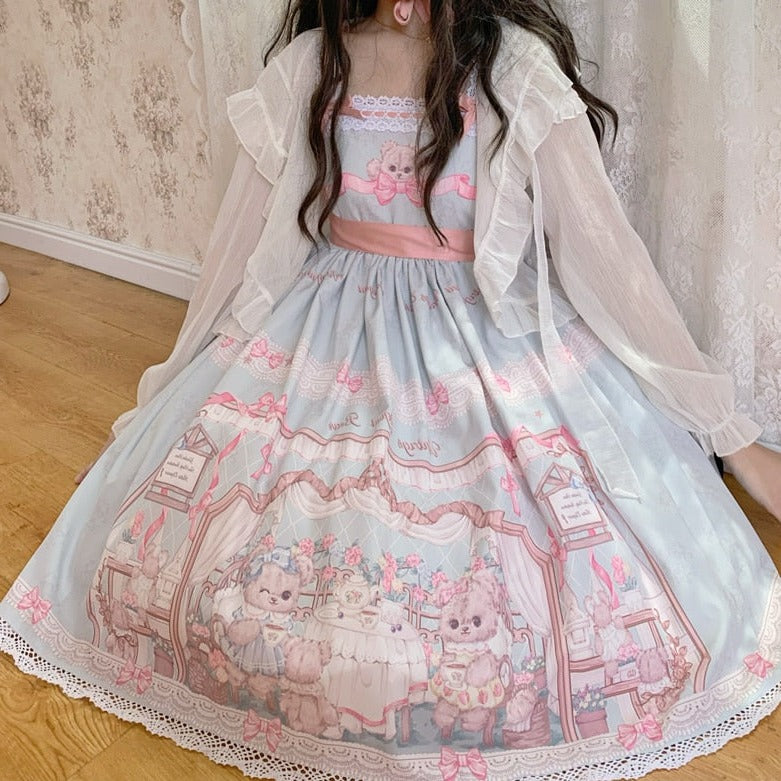 Soft Teddy's Playdate Cottagecore Fairycore Princesscore Coquette Kawaii Dress with Optional Hair Accessory Set