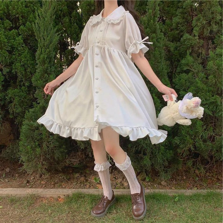 Collar Puff Sleeve Ruffle Button Down Dress 