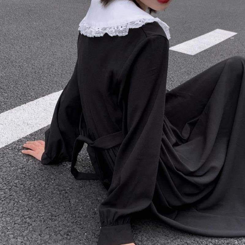 Black White Lace Collar Button Dress 