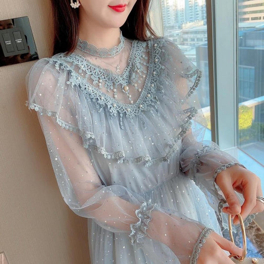 Starlight Glittering Lace Ruffle Collar Long Sleeve Dress 