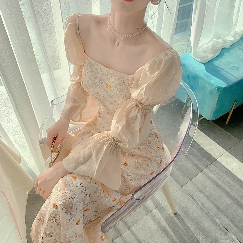 Pastel Yellow Puff Sleeve Floral Lace Daisy Dress 