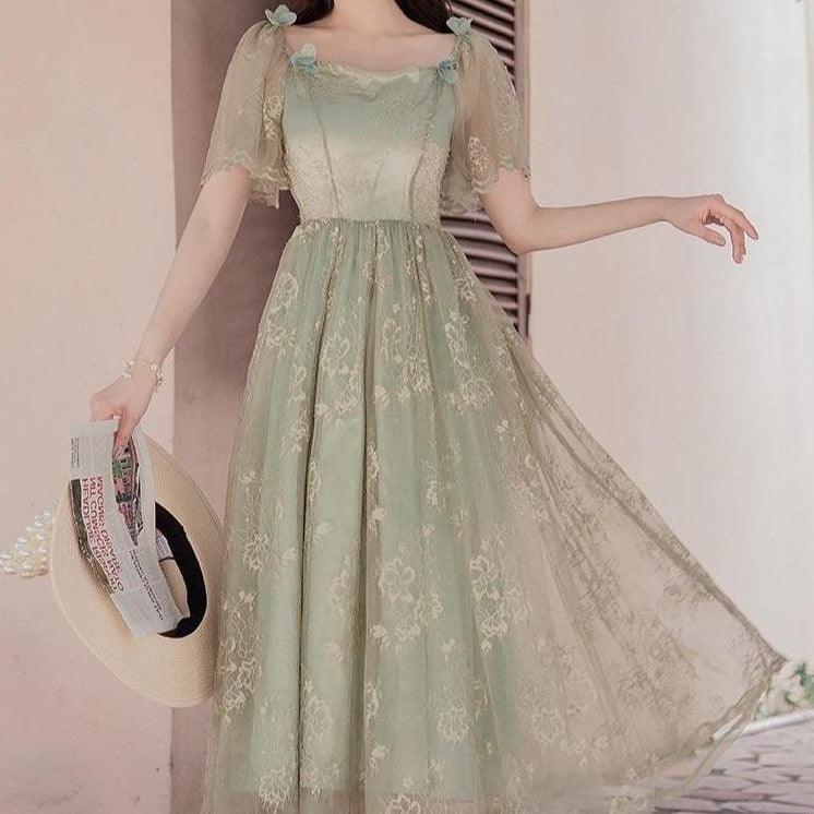 Mint Translucent Shiny Floral Butterfly Puff Sleeve Dress 