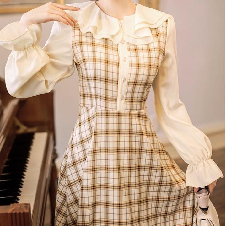 Tartan Pattern Lace Collar Long Puff Sleeve Cottagecore Dress 