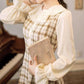Tartan Pattern Lace Collar Long Puff Sleeve Cottagecore Dress 