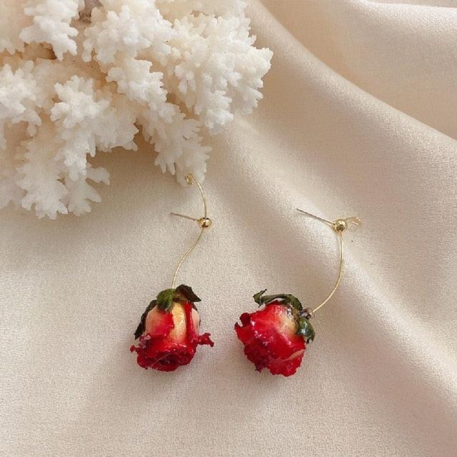 Preserved Rose Bud Raindrop Flower Drop Stud Earrings 