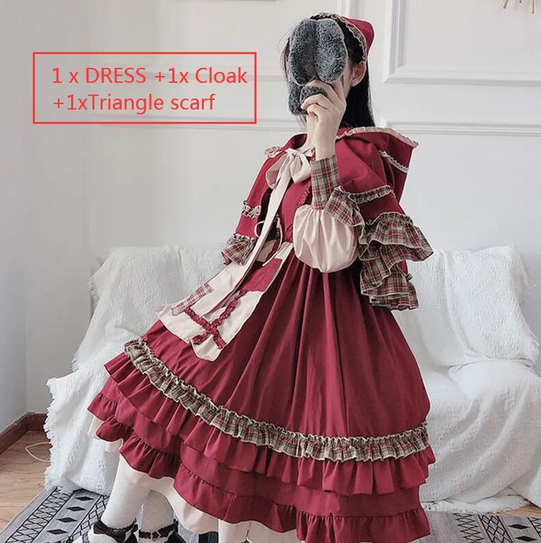 Cottagecore Lolita Style Vintage Red Dress Hooded Cape Set – Retro Fairy