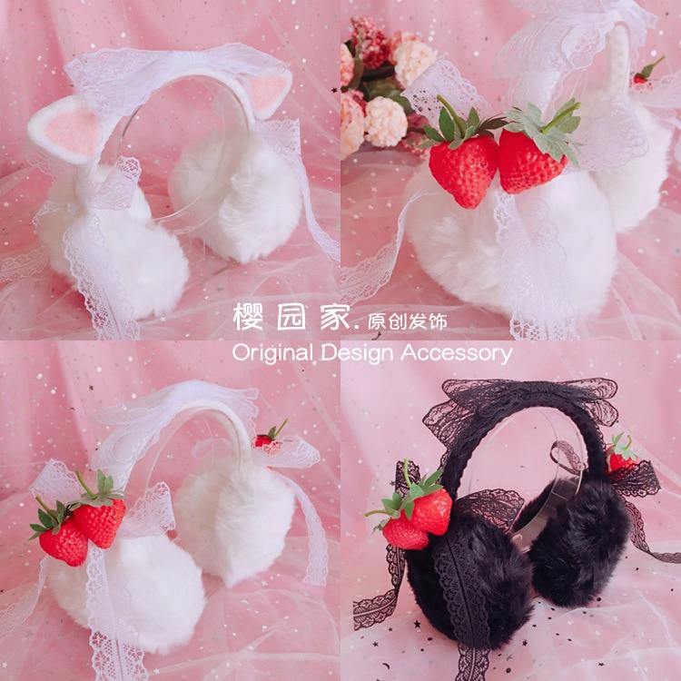 Kawaii Cottagecore Strawberry Kitten Ear Muffs Accessory - Starlight Fair