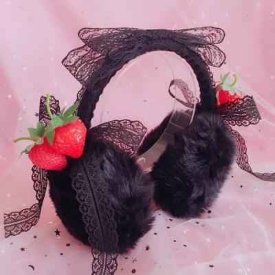 Kawaii Cottagecore Strawberry Kitten Ear Muffs Accessory - Starlight Fair
